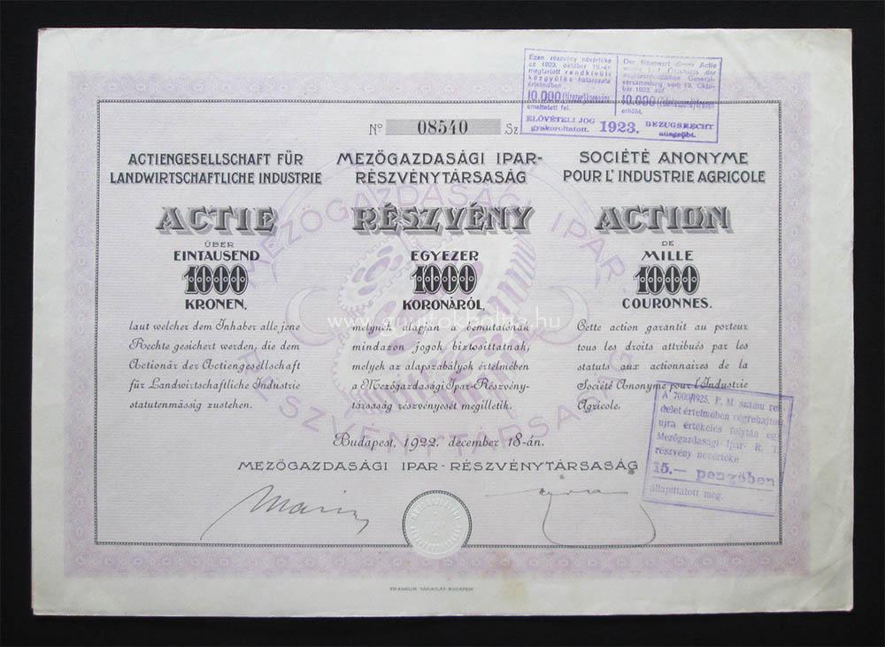 Mezõgazdasági Ipar Rt. részvény 1000 korona 1922